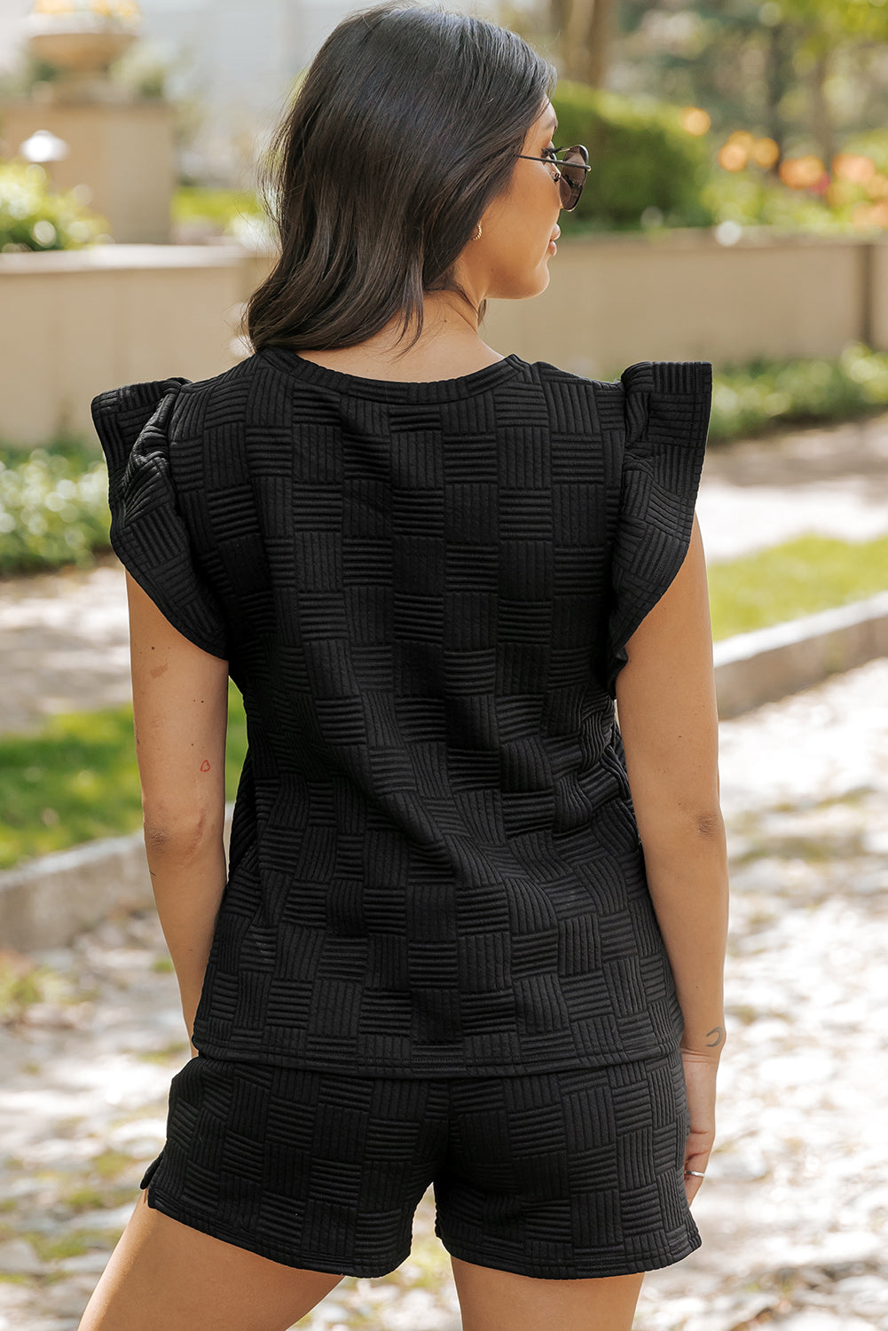  Textured Shorts Set with Ruffled Sleeve Top