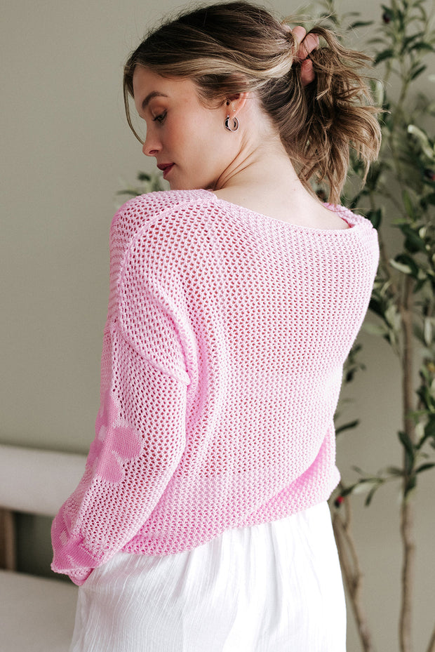 Dulce Big Flower Hollowed Knit Drop Shoulder Sweater-1