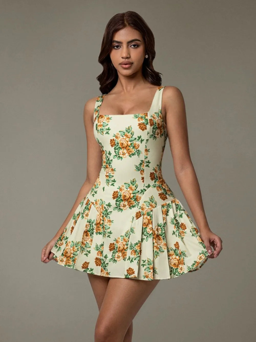 Floral Sleeveless Mini Pleated Dress Elegant Summer Look 