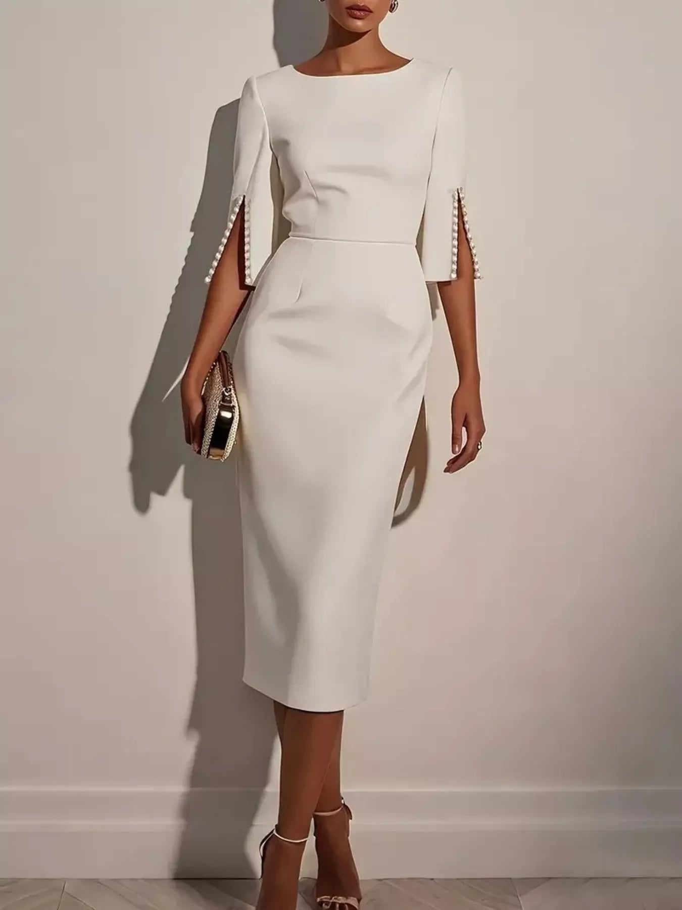 Slim-Fit Elegant Midi Dress with Beaded Slit Sleeve back view