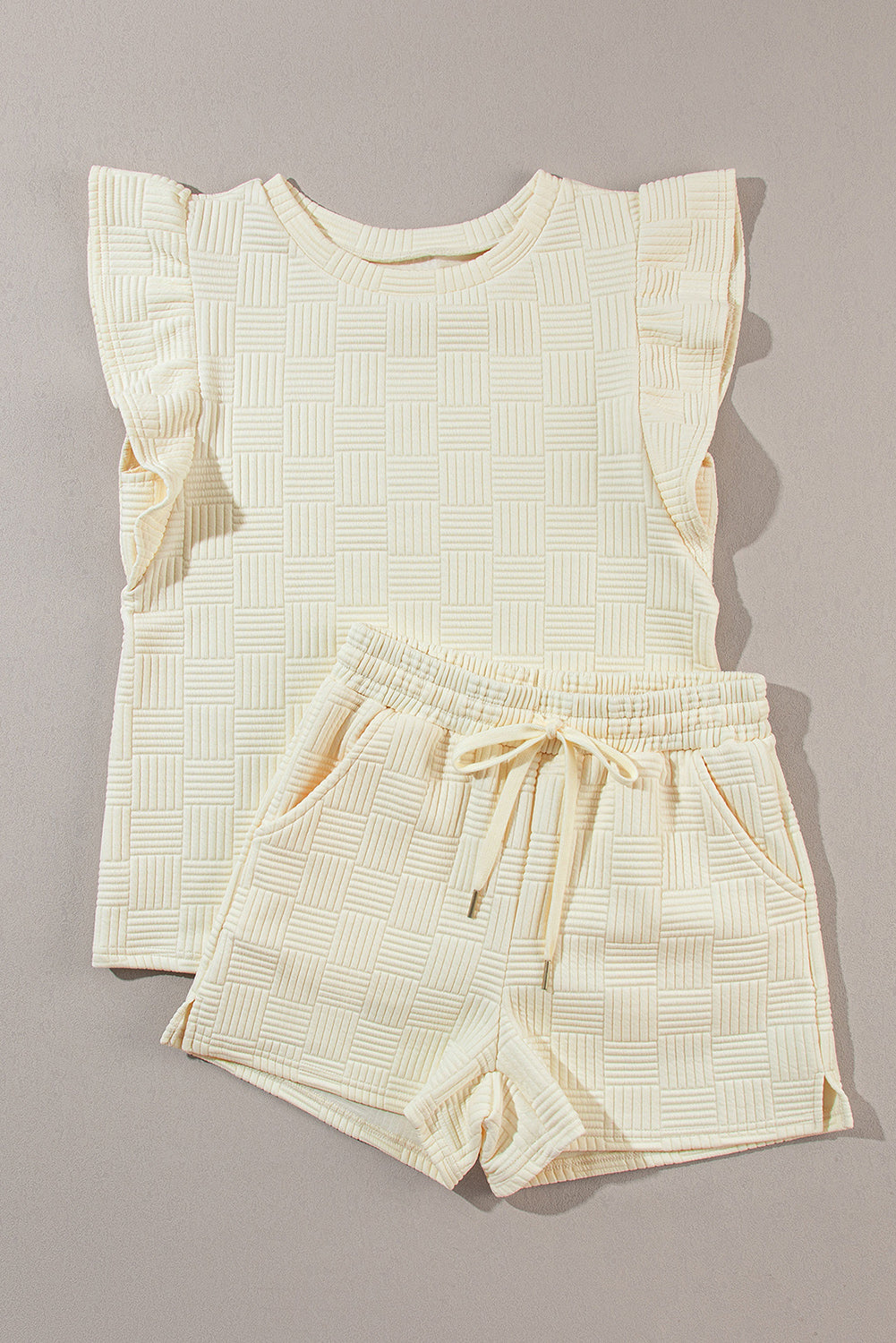  Textured Shorts Set with Ruffled Sleeve Top