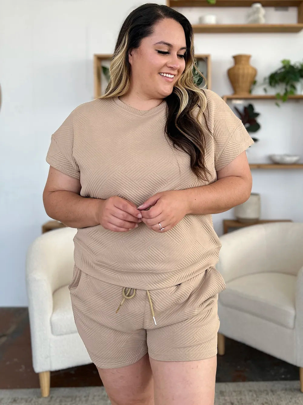 Full Size Texture T-Shirt and Shorts Set with Drawstring