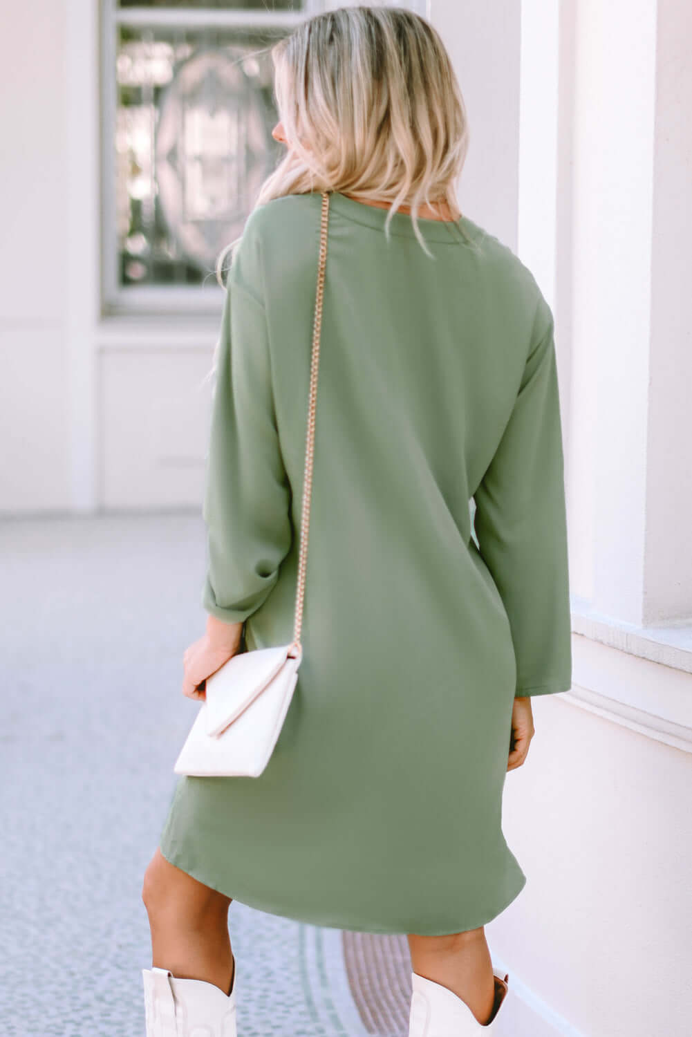Casual V Neck Dress with Roll Tab Sleeves