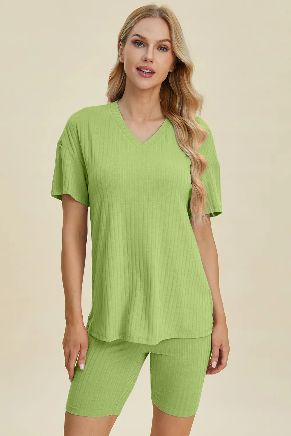 Ribbed V-Neck Short Sleeve Top and Shorts Set for Women