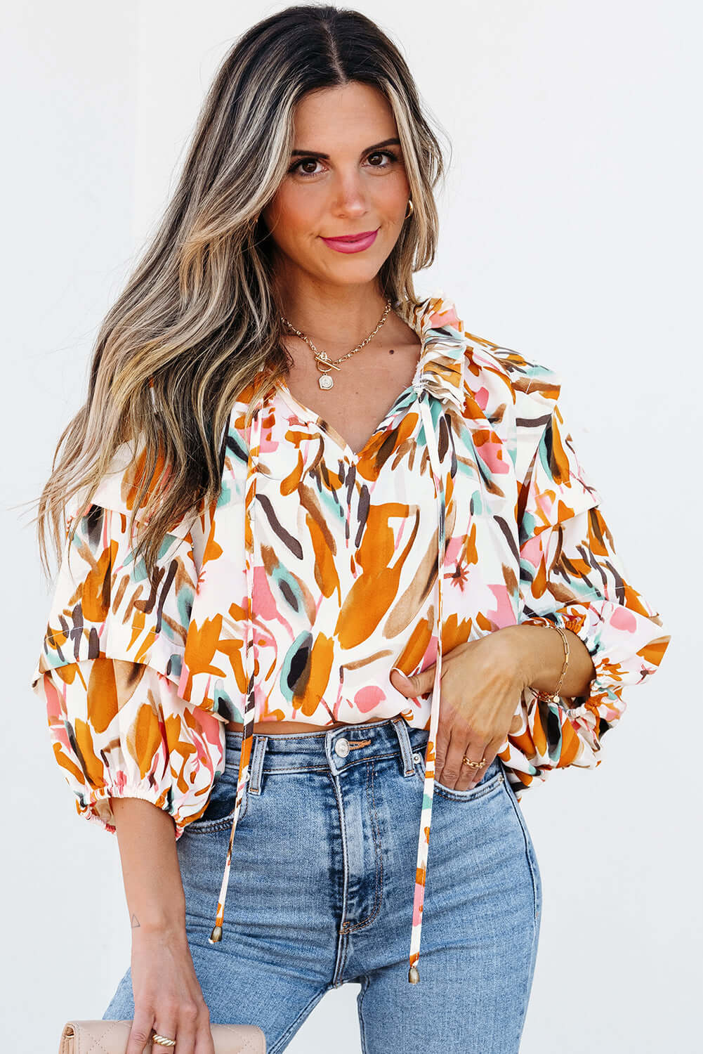 Abstract Print V-Neck Blouse for Women