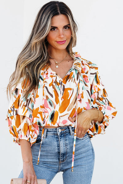 Aurelia Drawstring Frilled V Neck 3/4 Sleeve Blouse-0