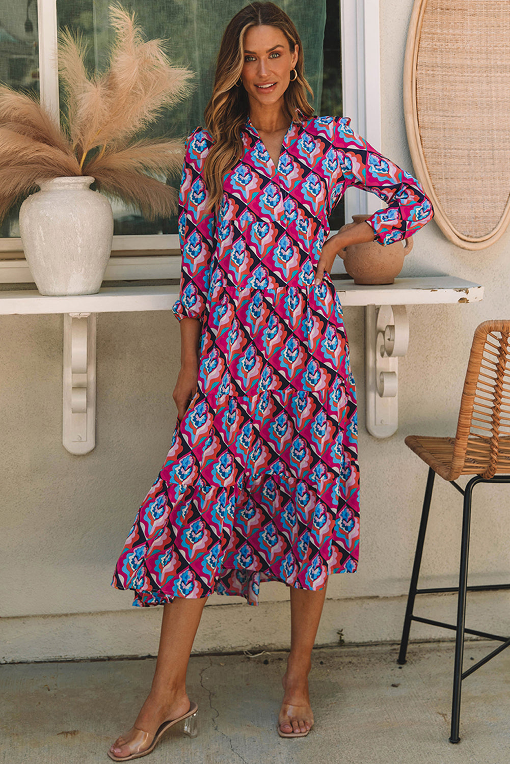 Abstract Geometric Midi Dress with Tiered Ruffle Design
