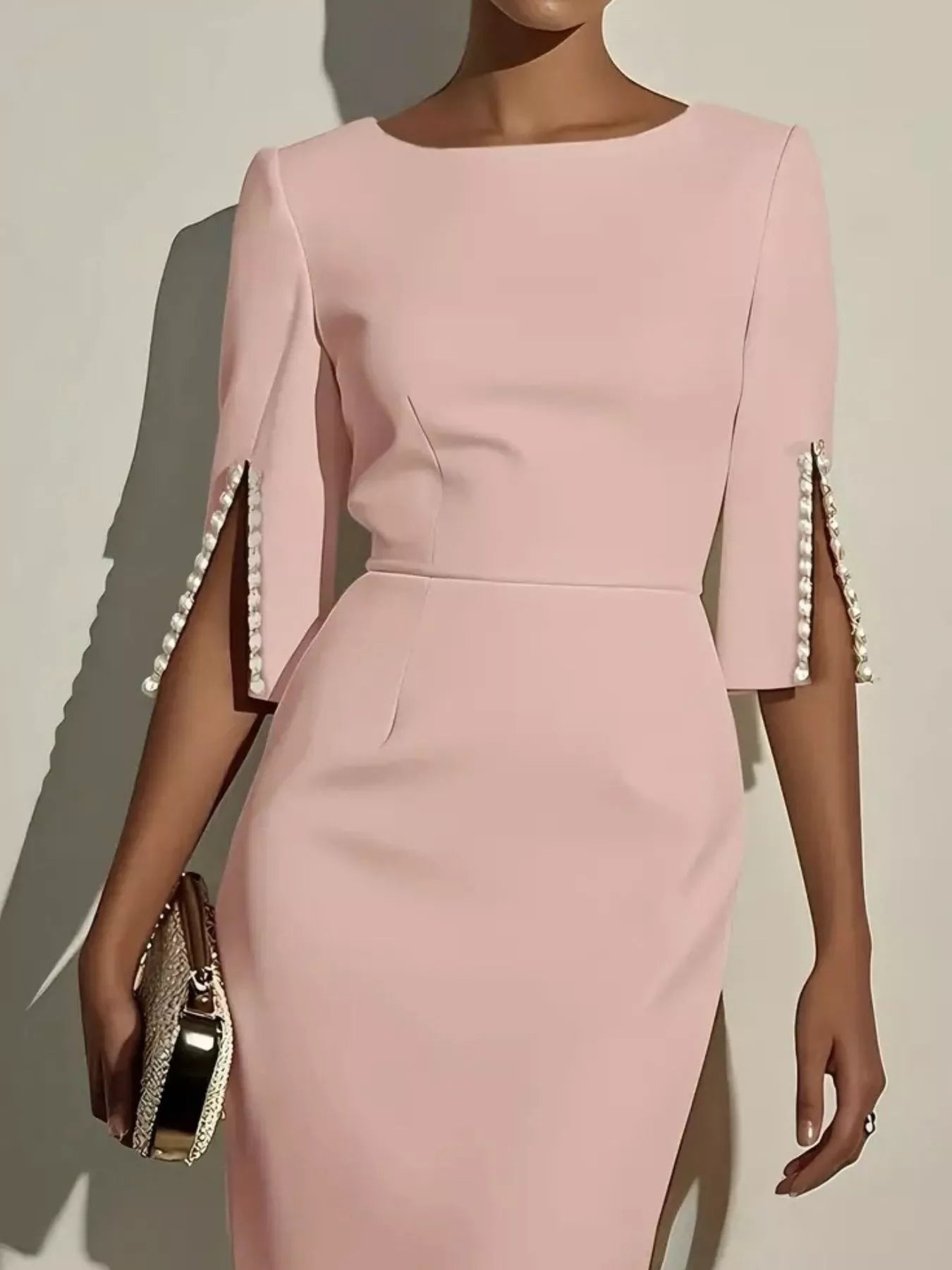 Slim-Fit Elegant Midi Dress with Beaded Slit Sleeve back view