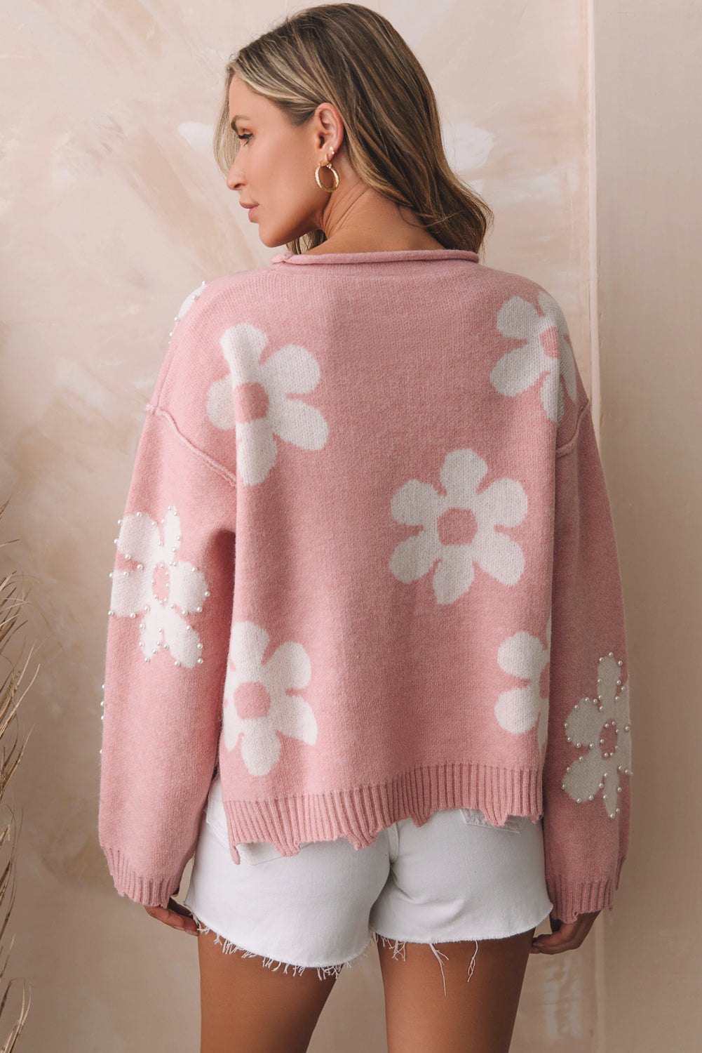 Floral Pearl Distressed Sweater with Drop Shoulder and Ribbed Cuffs