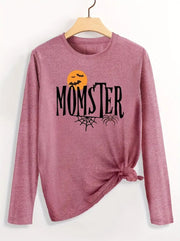 Halloween Pumpkin Pattern Round Neck Long-t-shirt