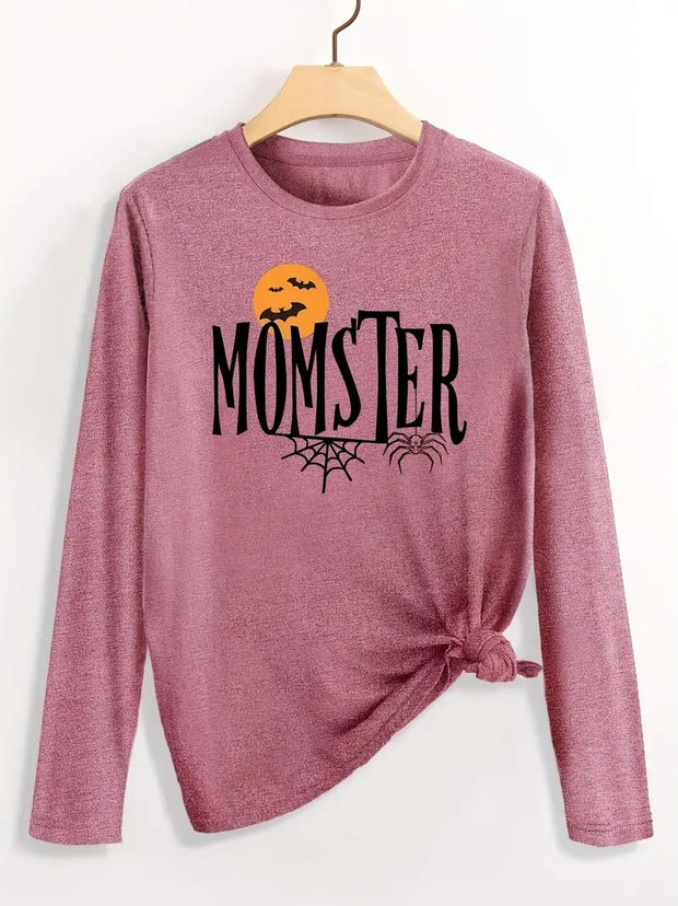 Halloween Pumpkin Pattern Round Neck Long-t-shirt
