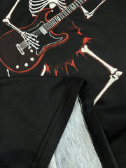 Men's Skull Guitar Patterned Round Neck T-shirt, Summer Casual Streetwear, Casual And Halloween Party Wear