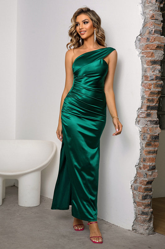 One-Shoulder Ruched Slit Maxi Dress front view
