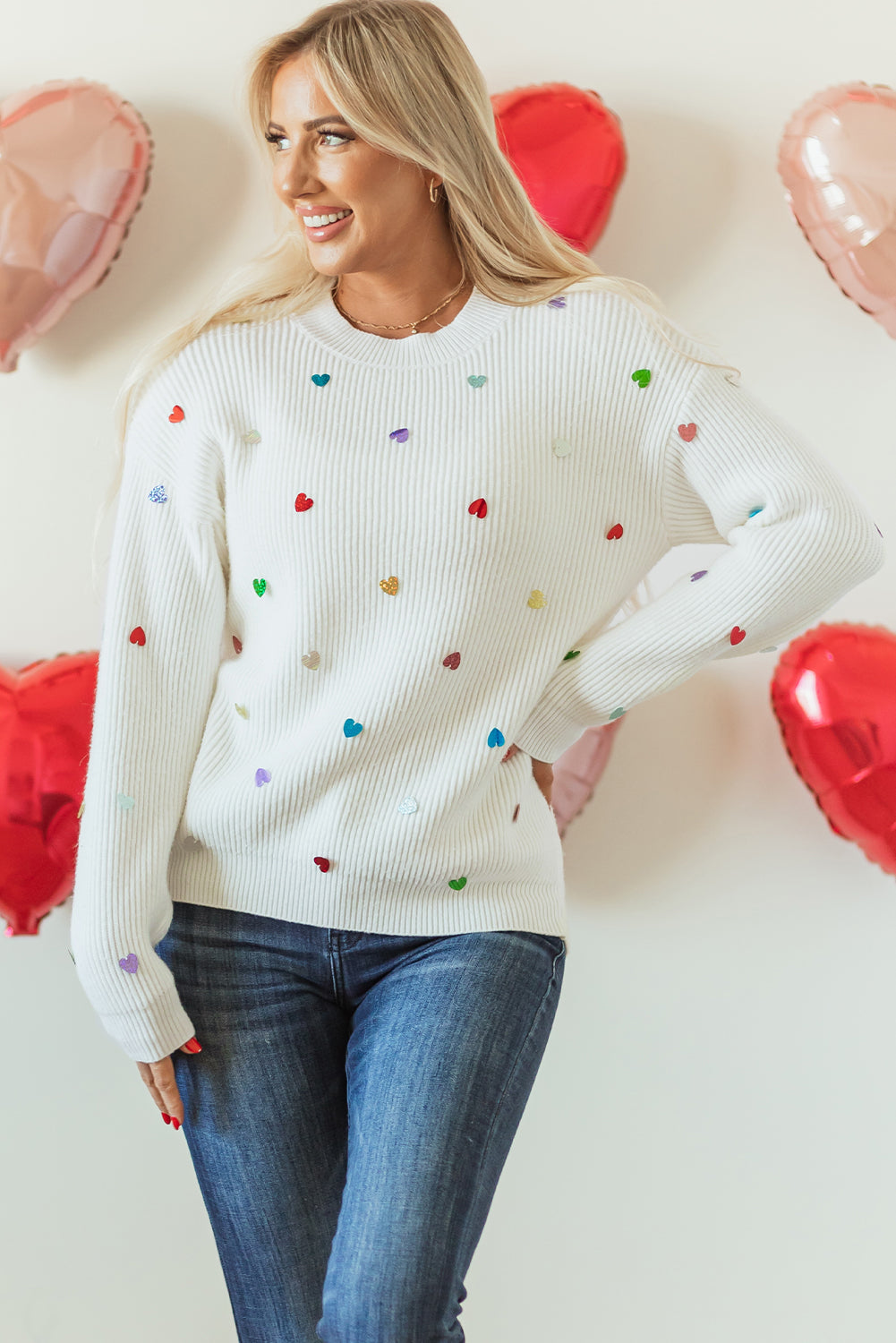 Sequin Heart Waffle Knit Sweater with Round Neck