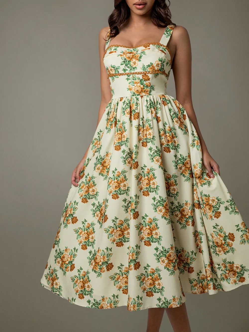 Lace Trim Floral Sleeveless Midi Dress side detail