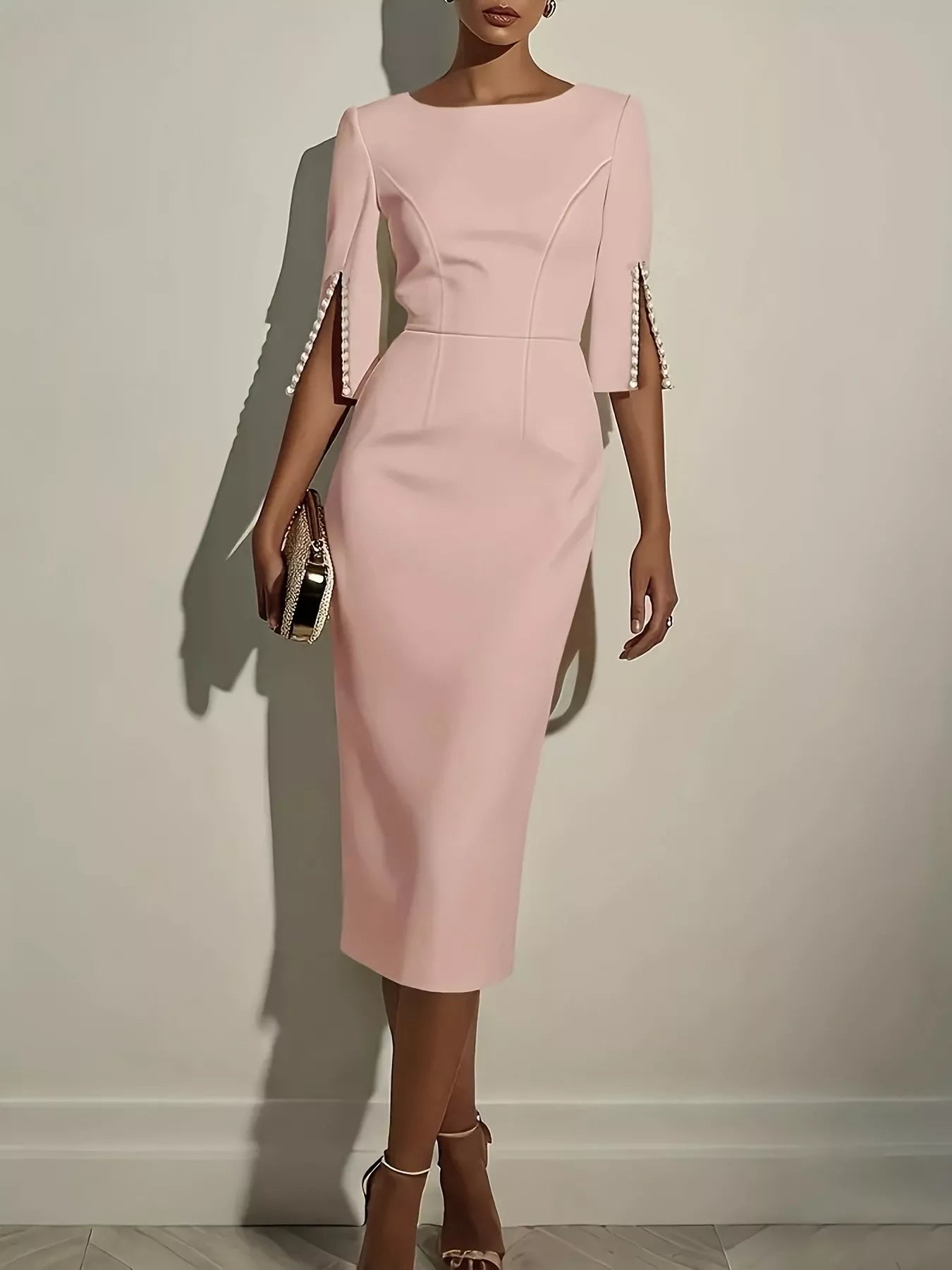 Slim-Fit Elegant Midi Dress with Beaded Slit Sleeve back view