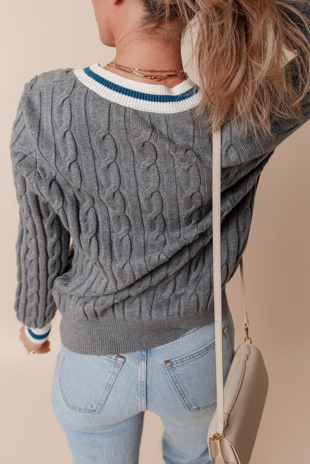  Color Contrast Cable Knit Sweater with Elegant V Neck