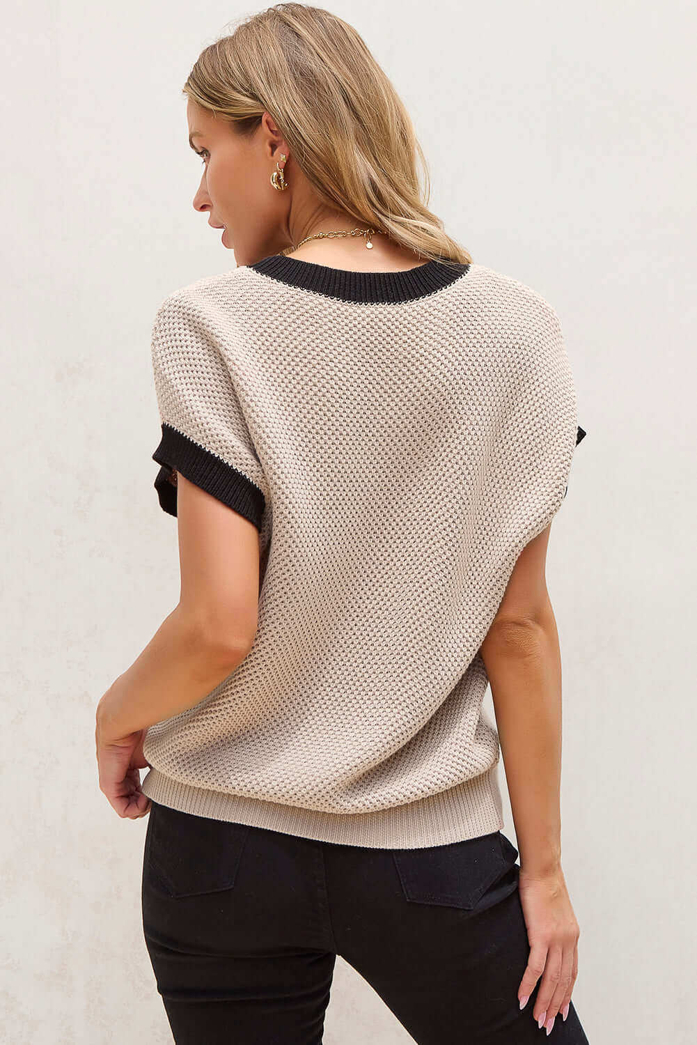 Short Sleeve Sweater with Batwing Sleeves and Color Block Trim