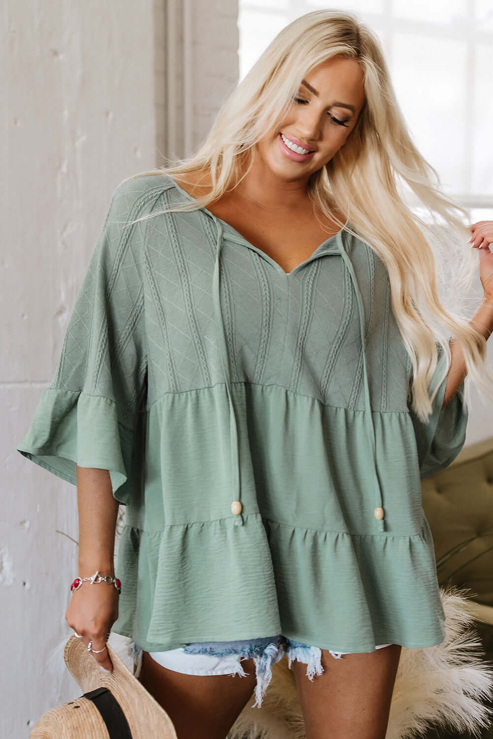 Ruffle Patchwork Blouse - Textured Split Neck Top