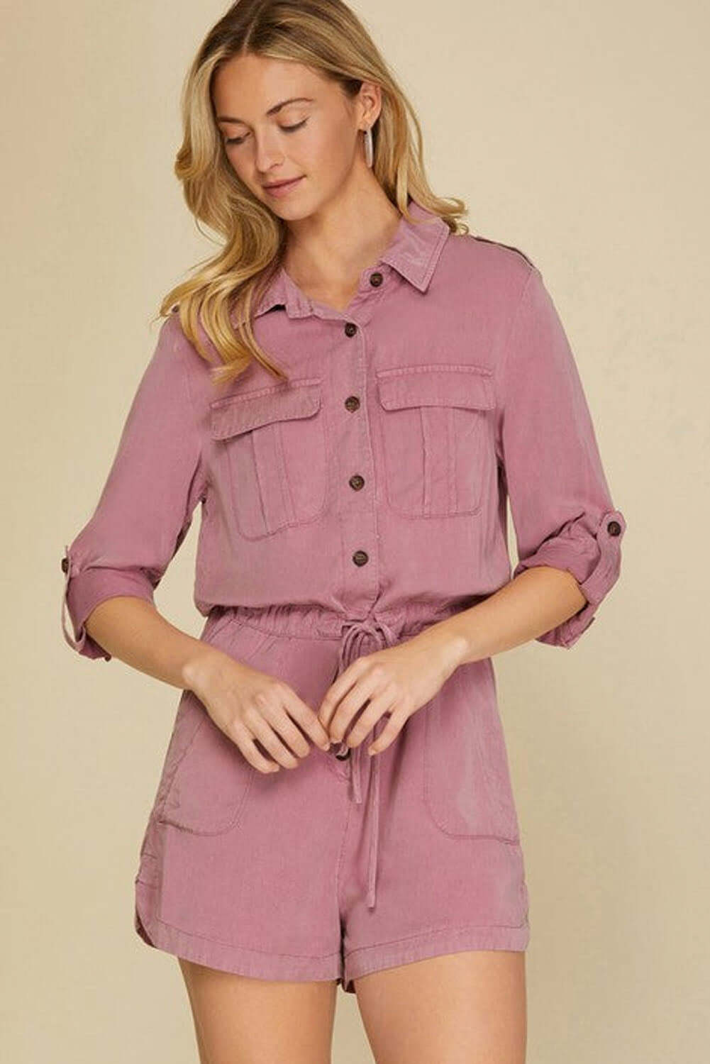 Women Playsuit - Button Front Drawstring Romper
