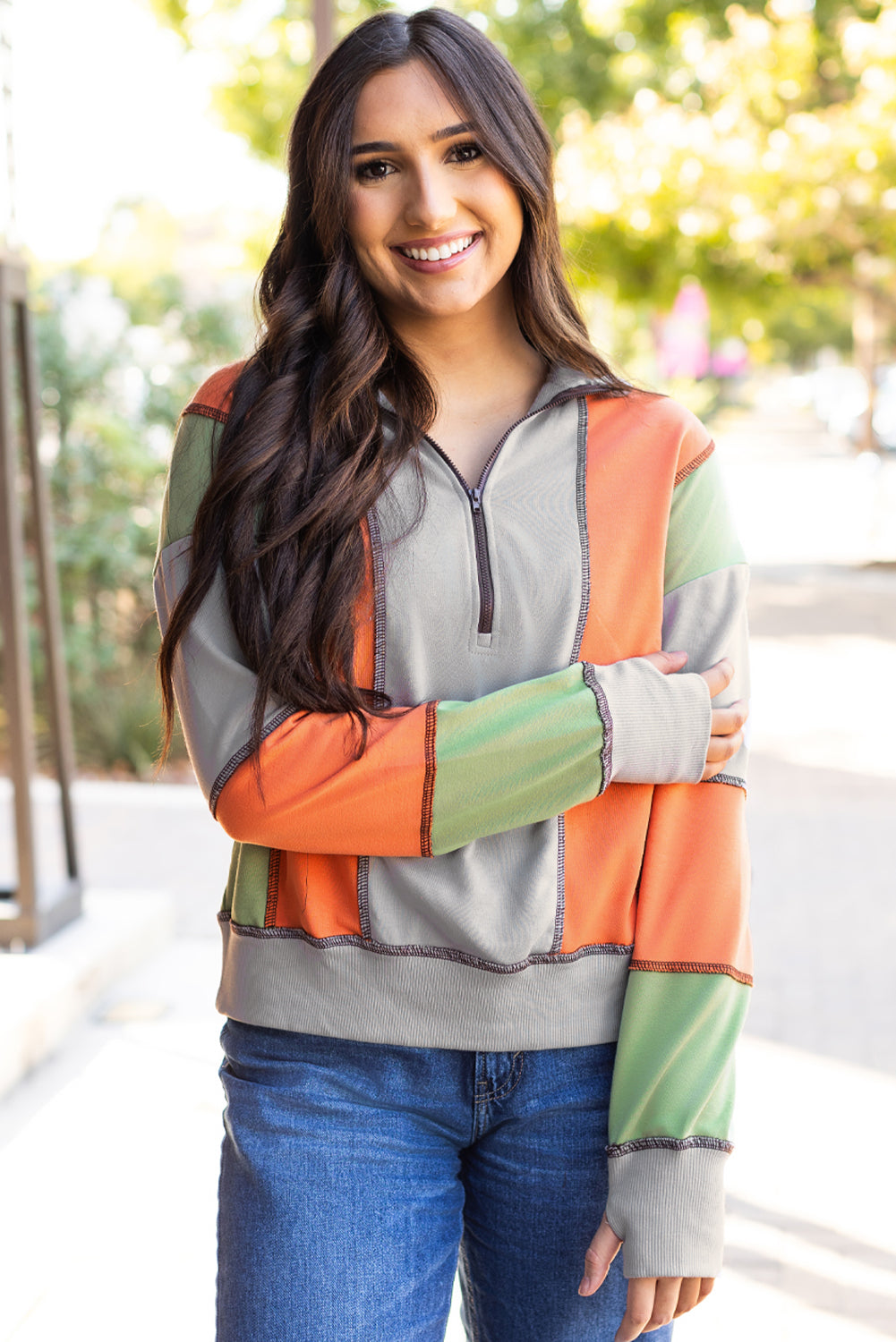 Half Zip Color Block Sweatshirt With Chic Contrast Design