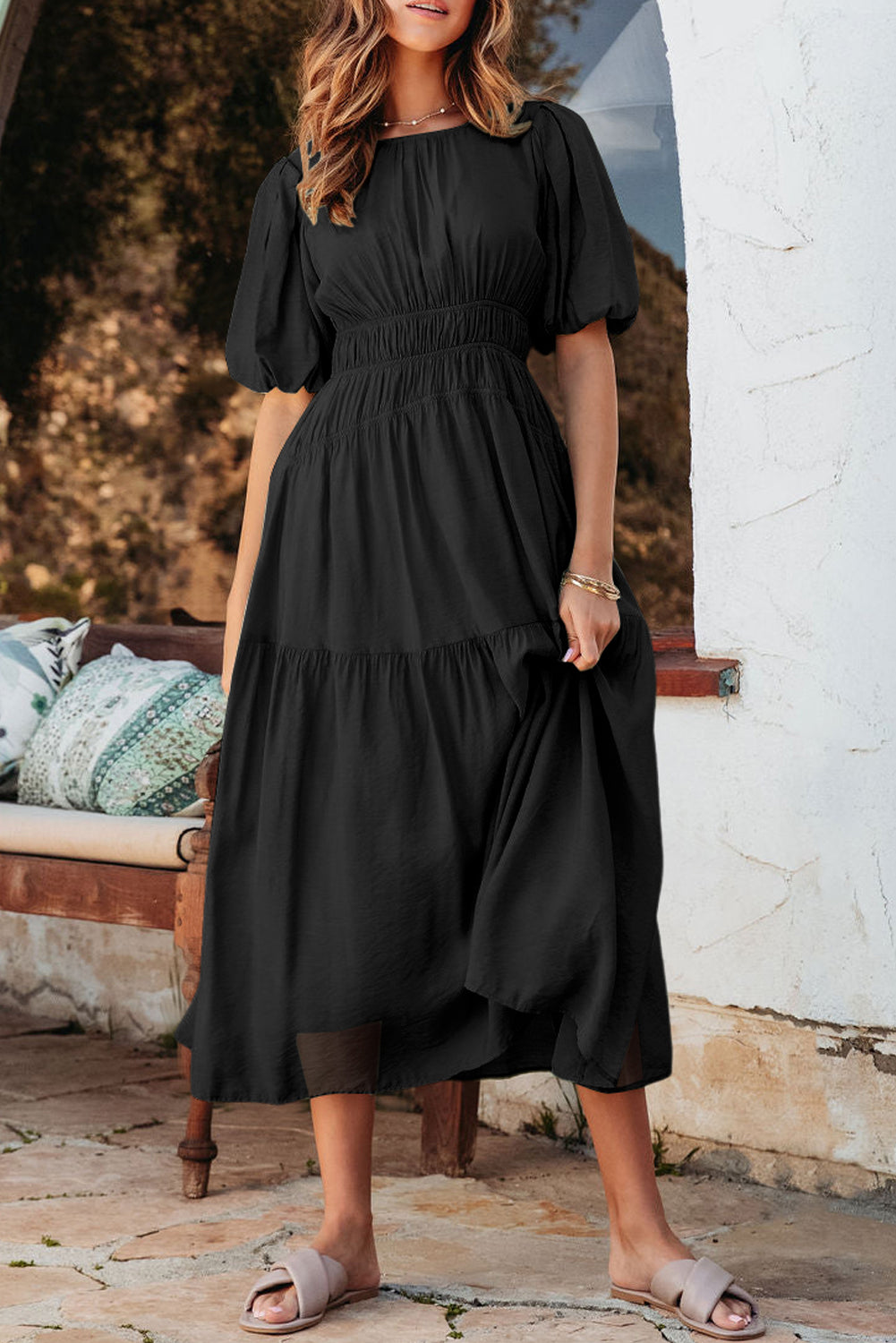 Pleated Puff Sleeve Dress with Textured Waistline