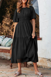 Lara Puff Sleeve Pleated High Waist Midi Dress-6