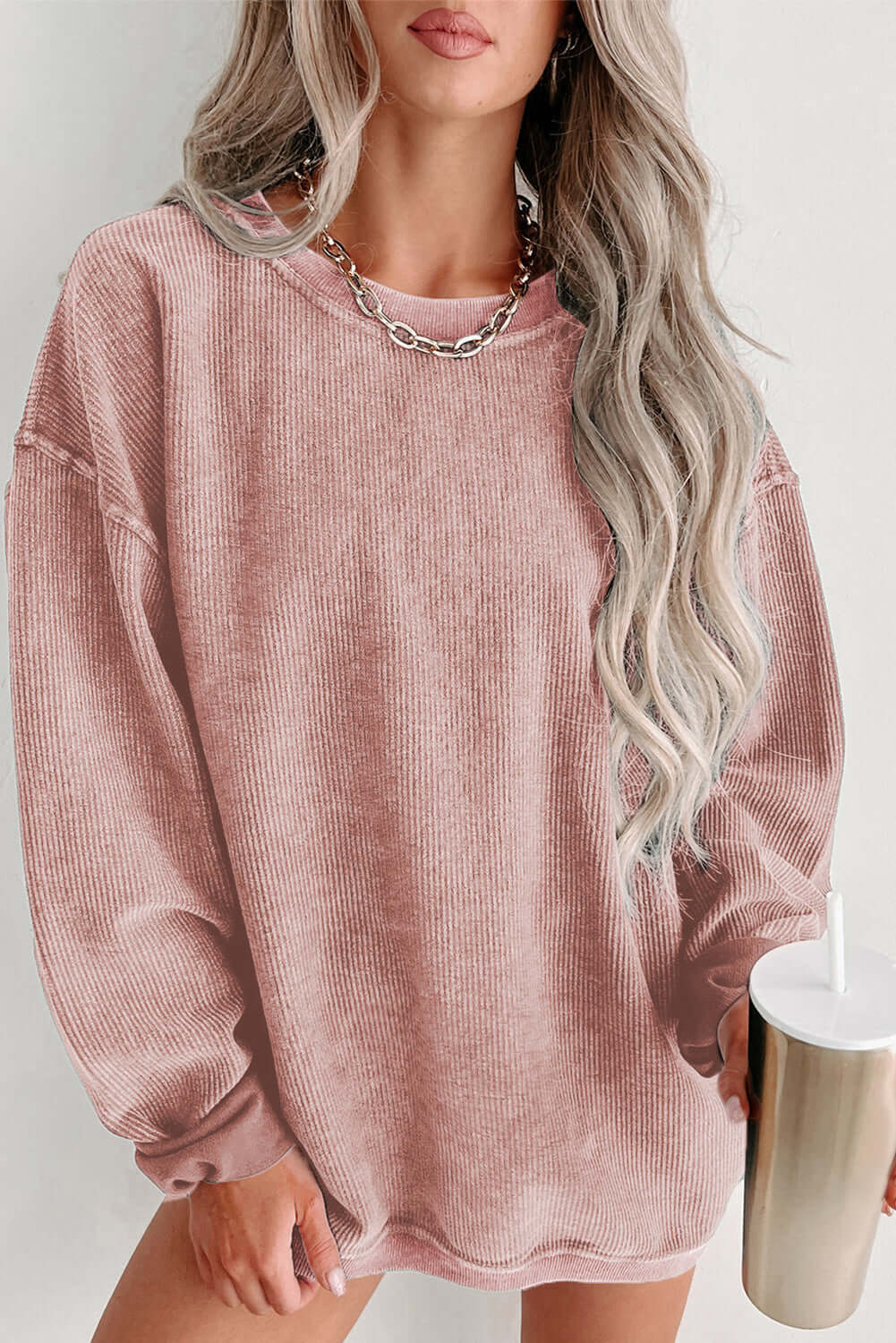 Solid Round Neck Sweatshirt - Textured Long Sleeve Comfort