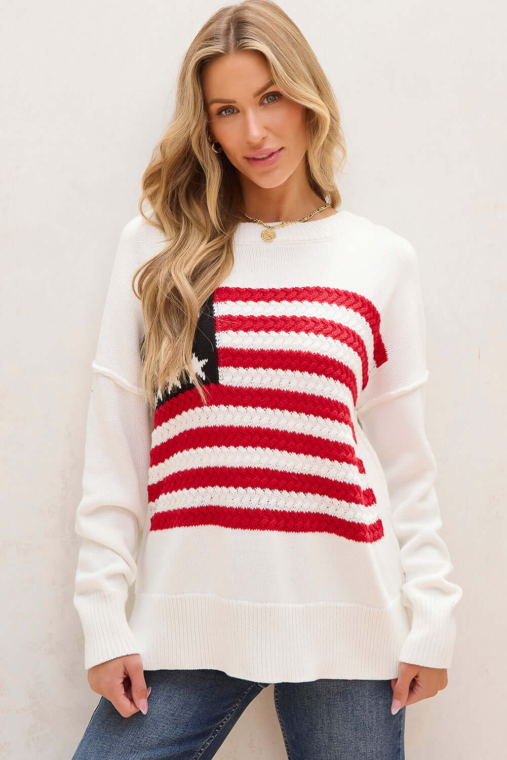 American Flag Cable Knit Drop Shoulder Sweater for Women 