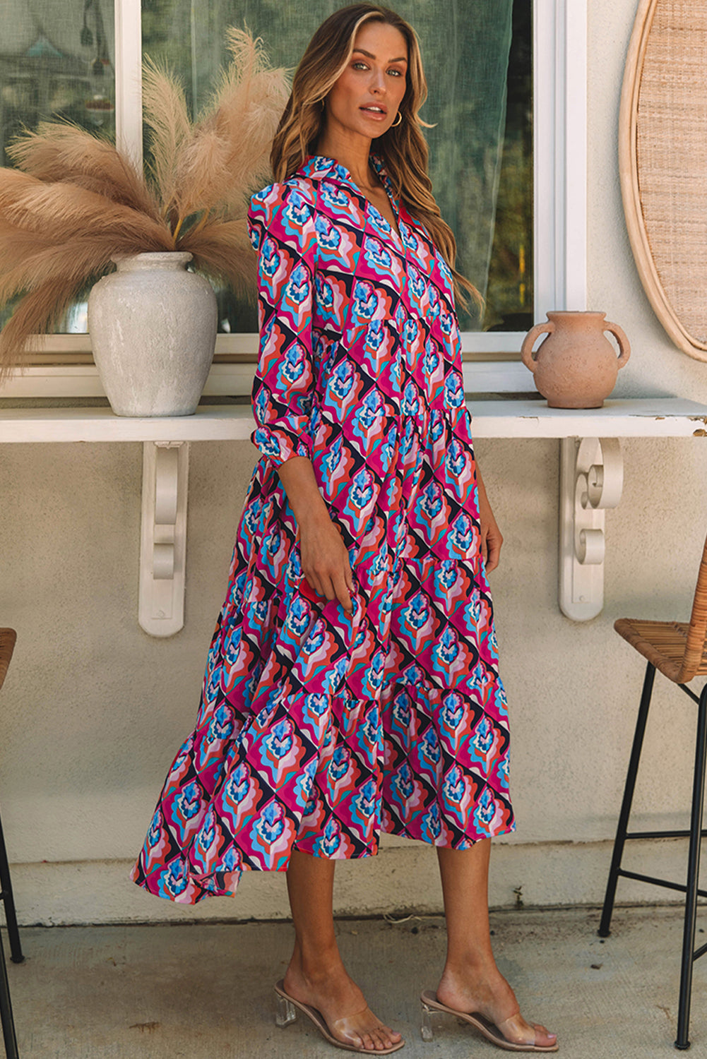 Abstract Geometric Midi Dress with Tiered Ruffle Design