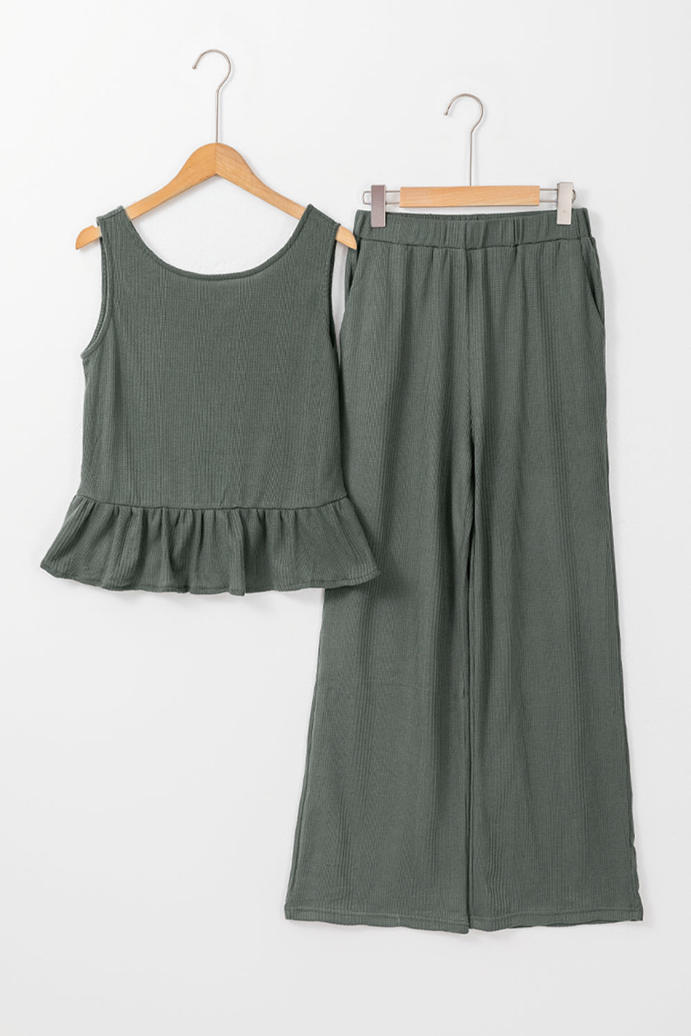 Solid Ribbed Loungewear Set with Ruffled Tank Top