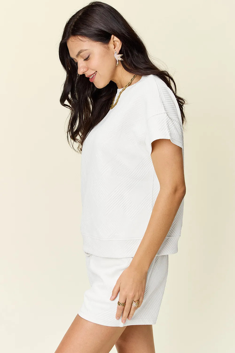 Full Size Texture T-Shirt and Shorts Set with Drawstring