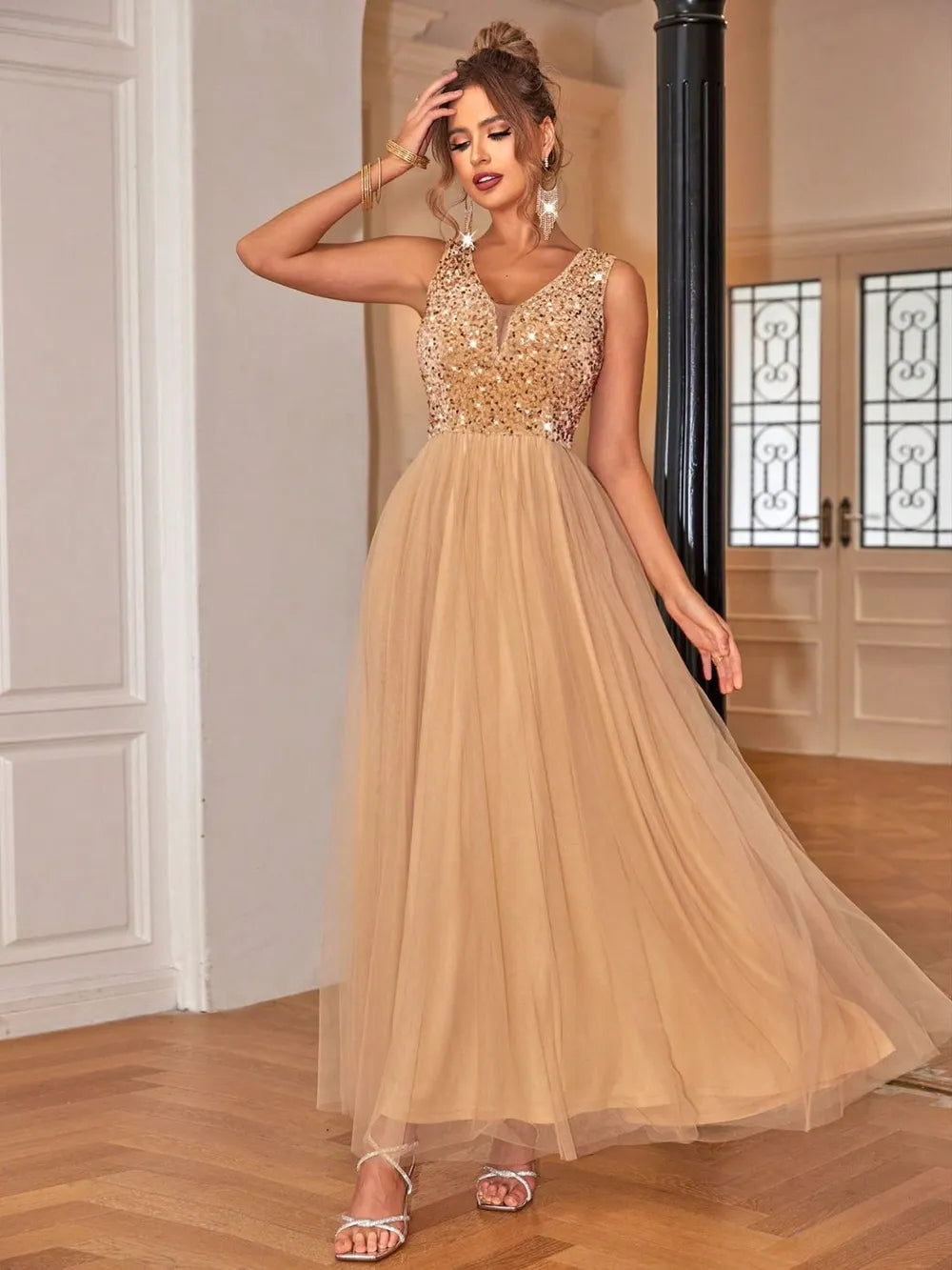 Front view of Sequin V-Neck Sleeveless Dress – sparkling evening dress
