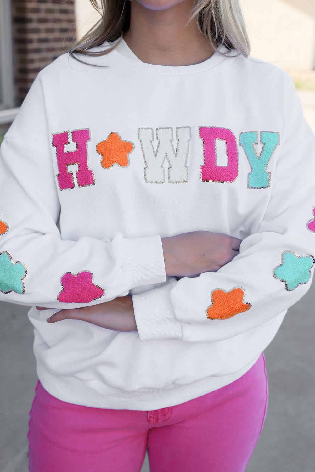 Howdy Graphic Sweatshirt with Star Sleeve Design