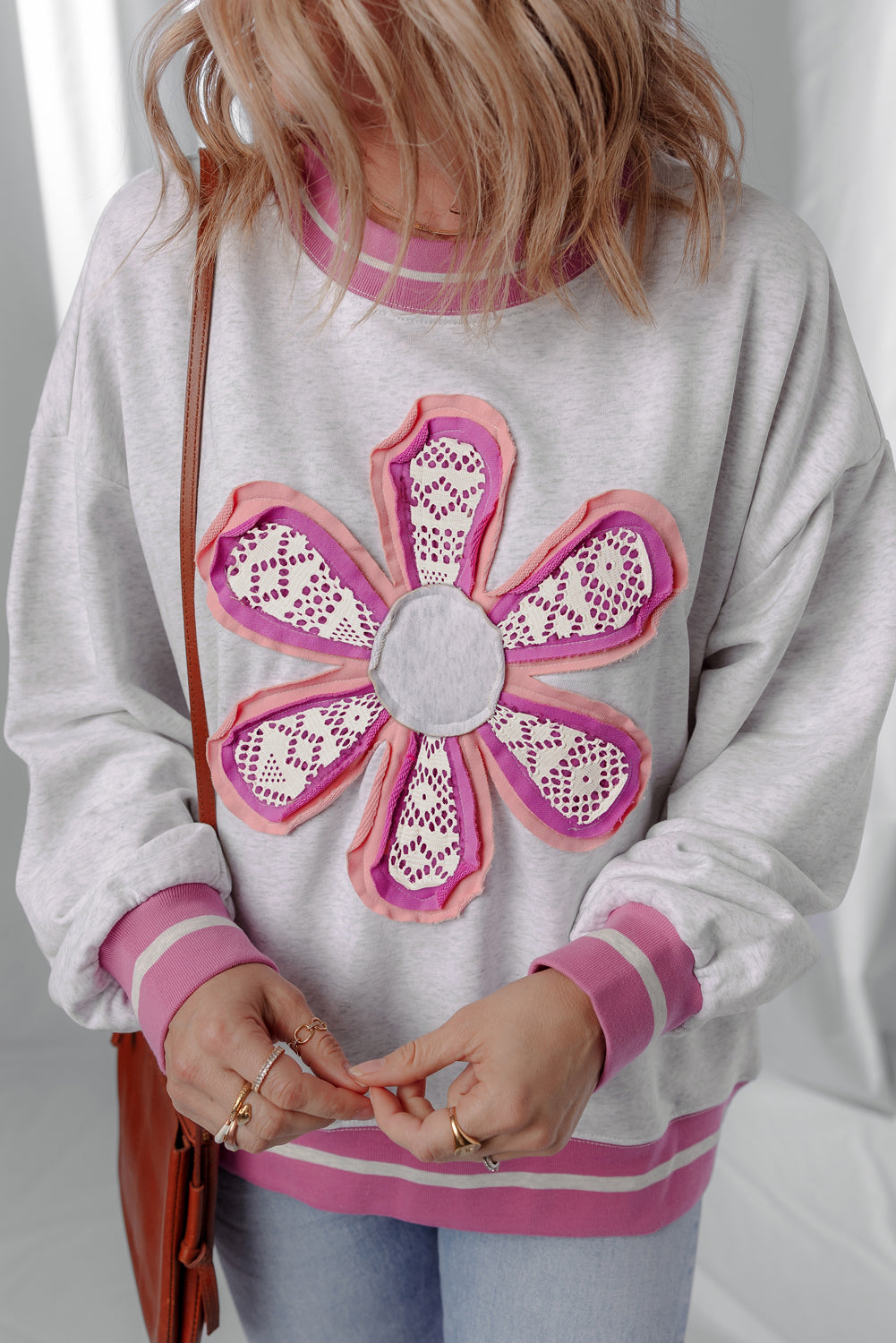 Flower Patch Sweatshirt with Contrasting Trim and Crew Neck
