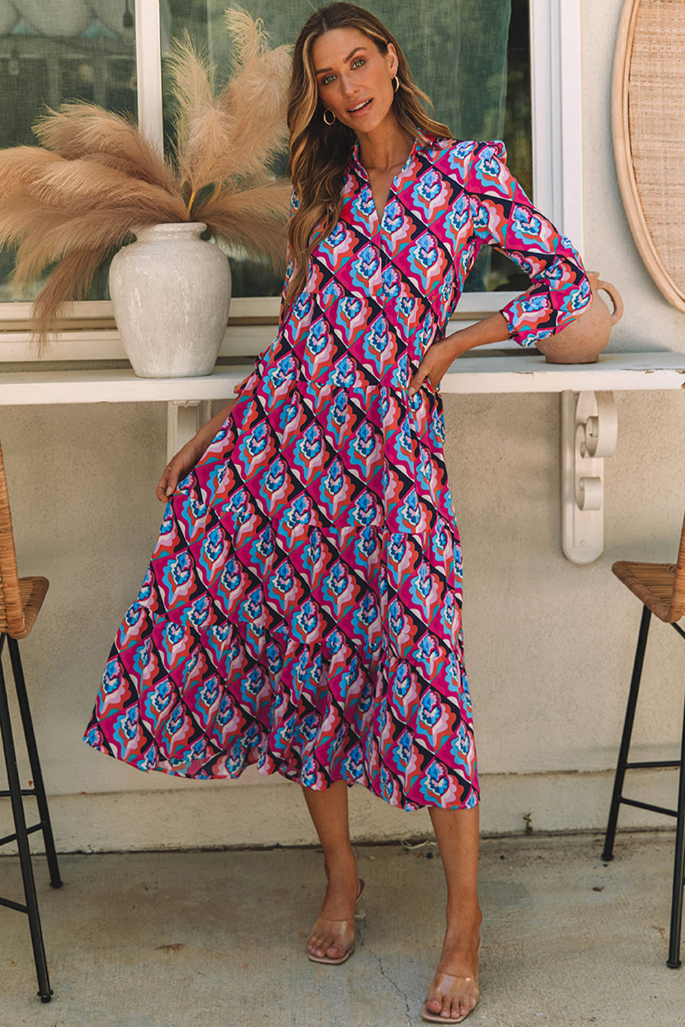 Abstract Geometric Midi Dress with Tiered Ruffle Design