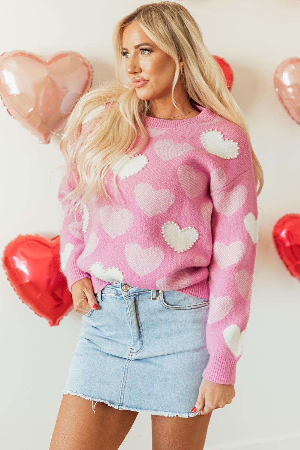 Valentines Day Sweater with Pearled Heart Details