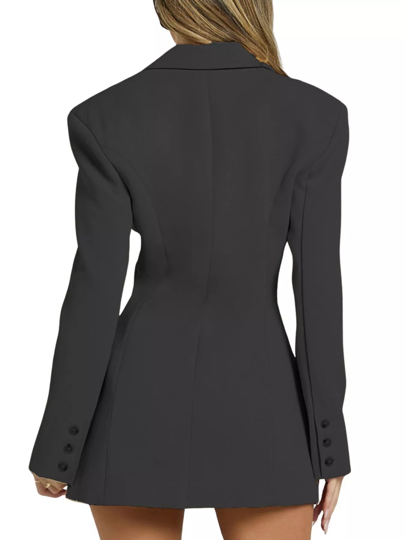 Elegant buttoned women's dress in dark gray, showing the back view with sophisticated tailoring and button details.