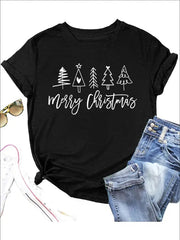 Merry Christmas Shirt For Women Christmas Tree Tees Tops Letter Tree Graphic Print Female T Shirt, Soft, Perfect For Casual Wear, Gift Idea, Women's Fashion Round Neck Printed T-shirt