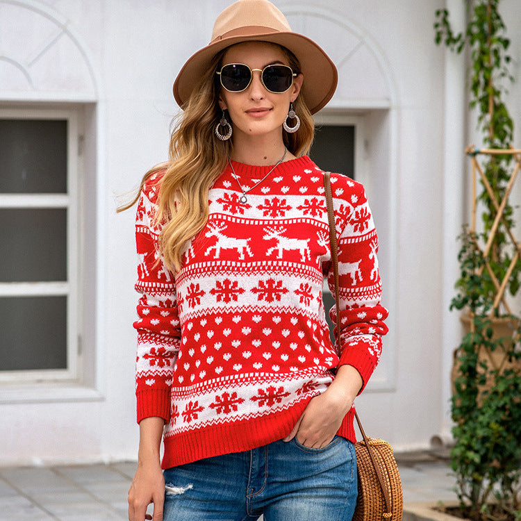 Snowflake Jacquard Sweater Loose Fit Polyester Pullover