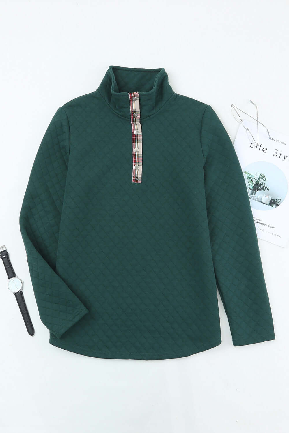 Plaid Trim Sweatshirt with Geometric Texture Design