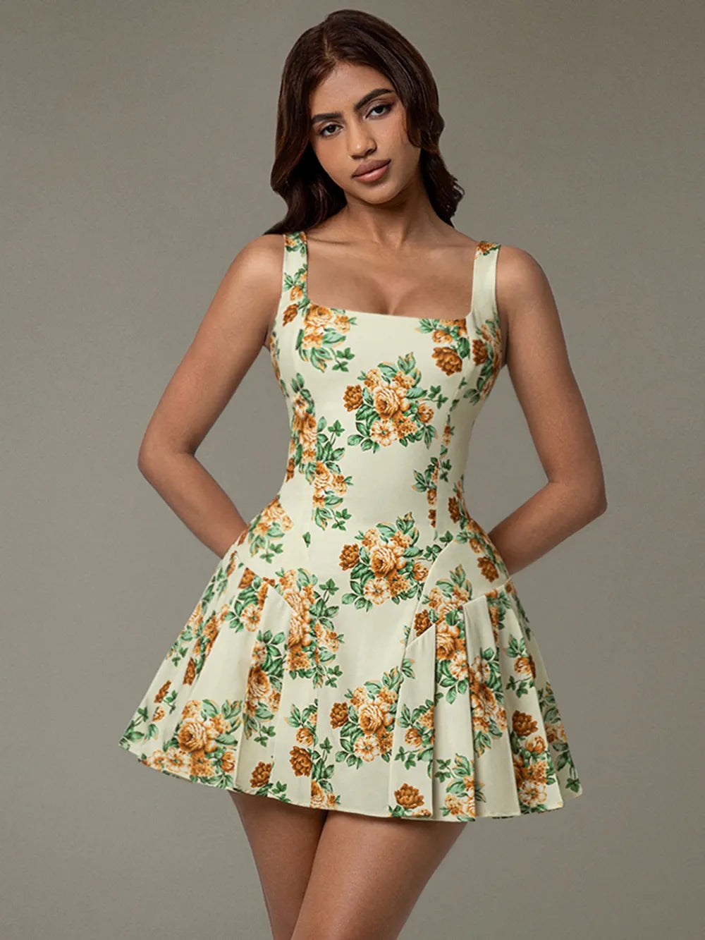  Floral Sleeveless Mini Pleated Dress Elegant Summer Look