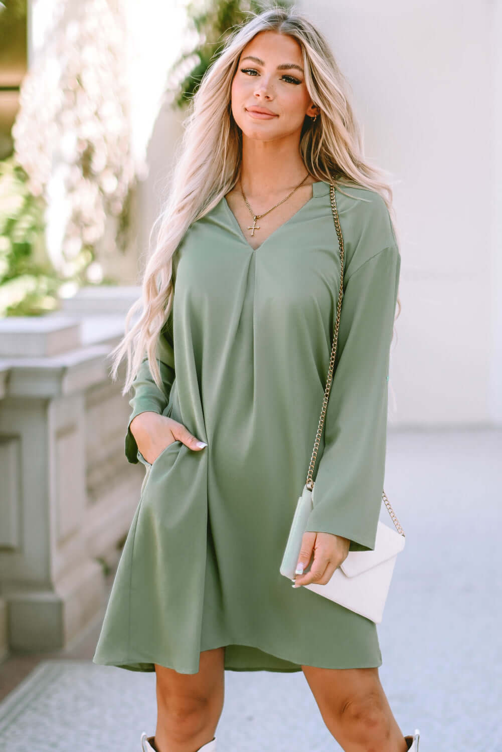 Casual V Neck Dress with Roll Tab Sleeves