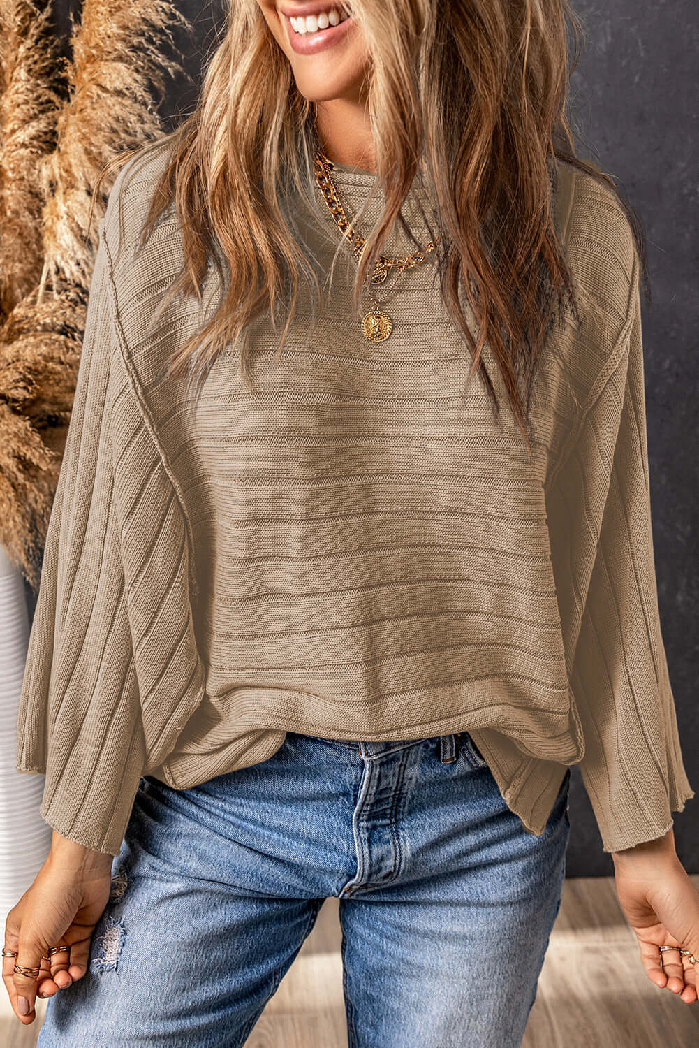 Ribbed Dolman Sleeve Knit Sweater for Women – Casual & Textured Top