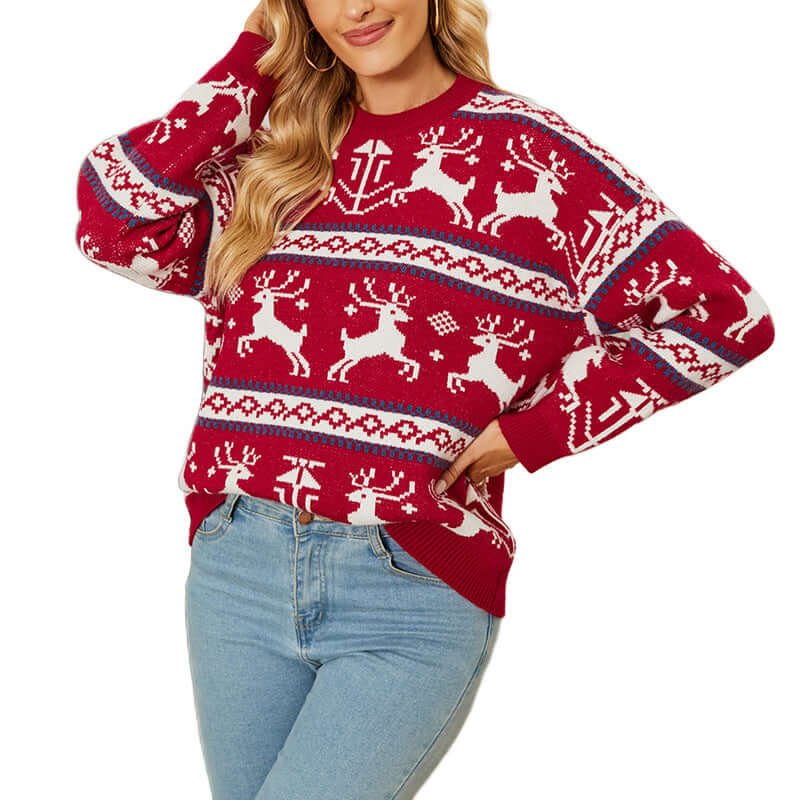 Christmas Deer Acrylic Sweater Soft Crocheted Flower Pullover