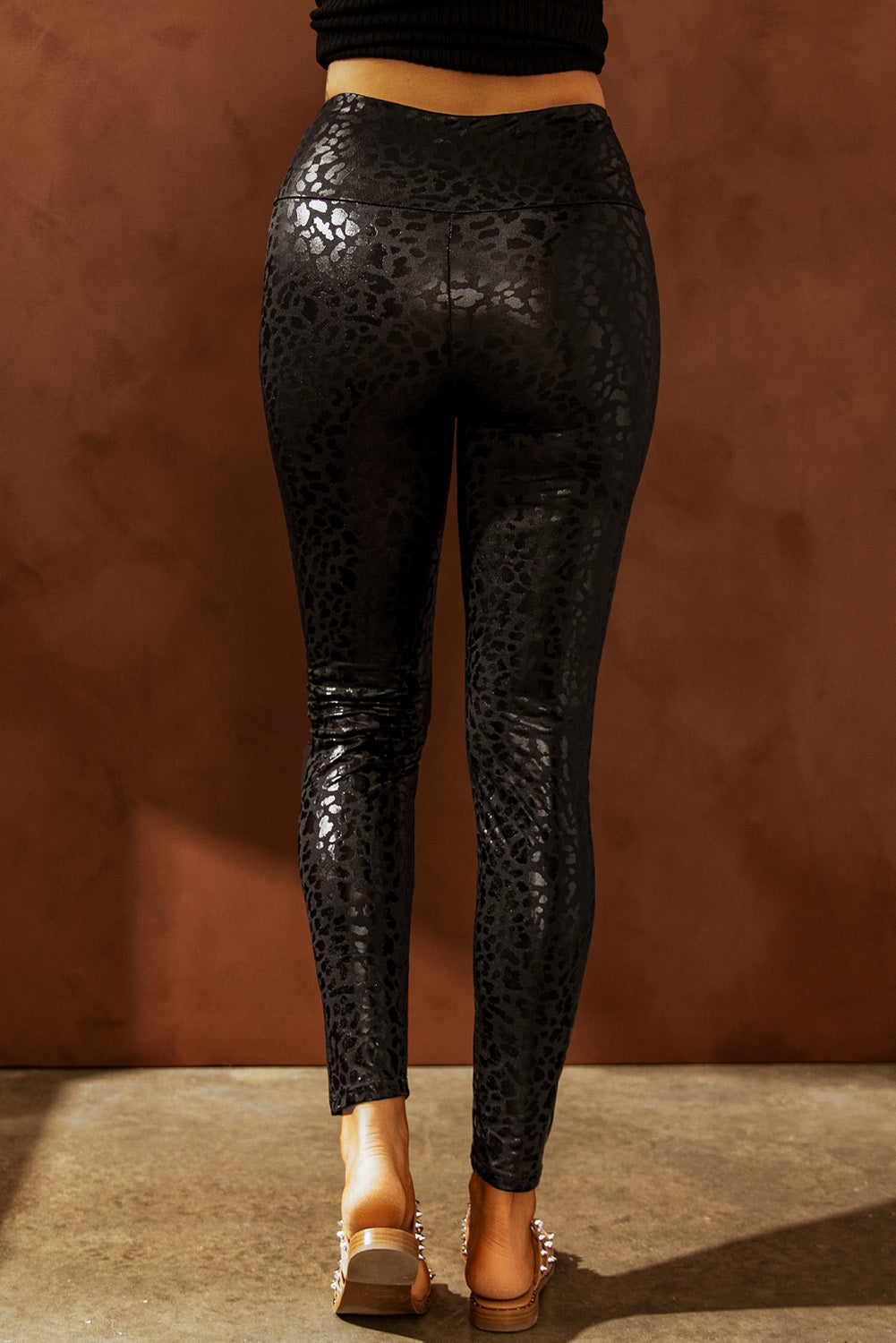 Leopard Print Faux Leather Leggings with High Waist Fit