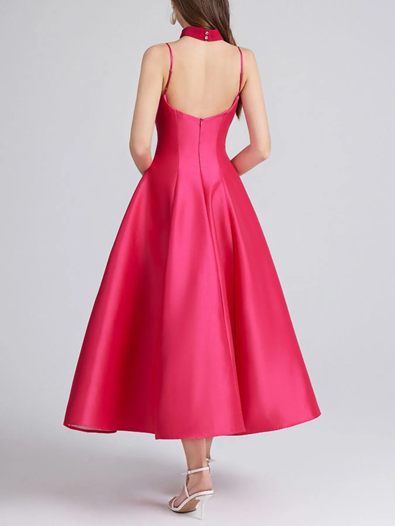 Sweetheart Spaghetti Strap Midi Dress with Collar neckline detail