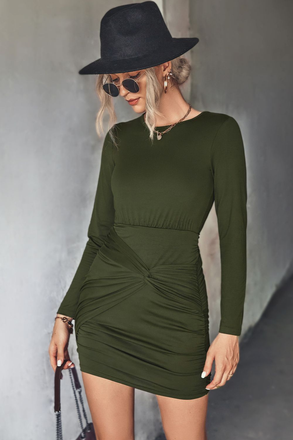  Twist Front Ruched Mini Dress – Long Sleeve Chic