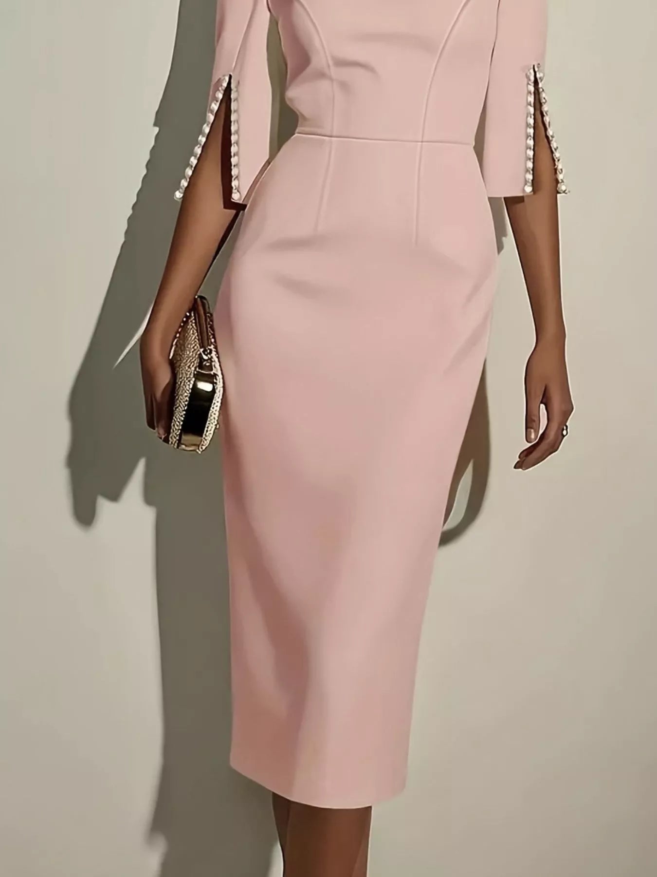 Slim-Fit Elegant Midi Dress with Beaded Slit Sleeve back view