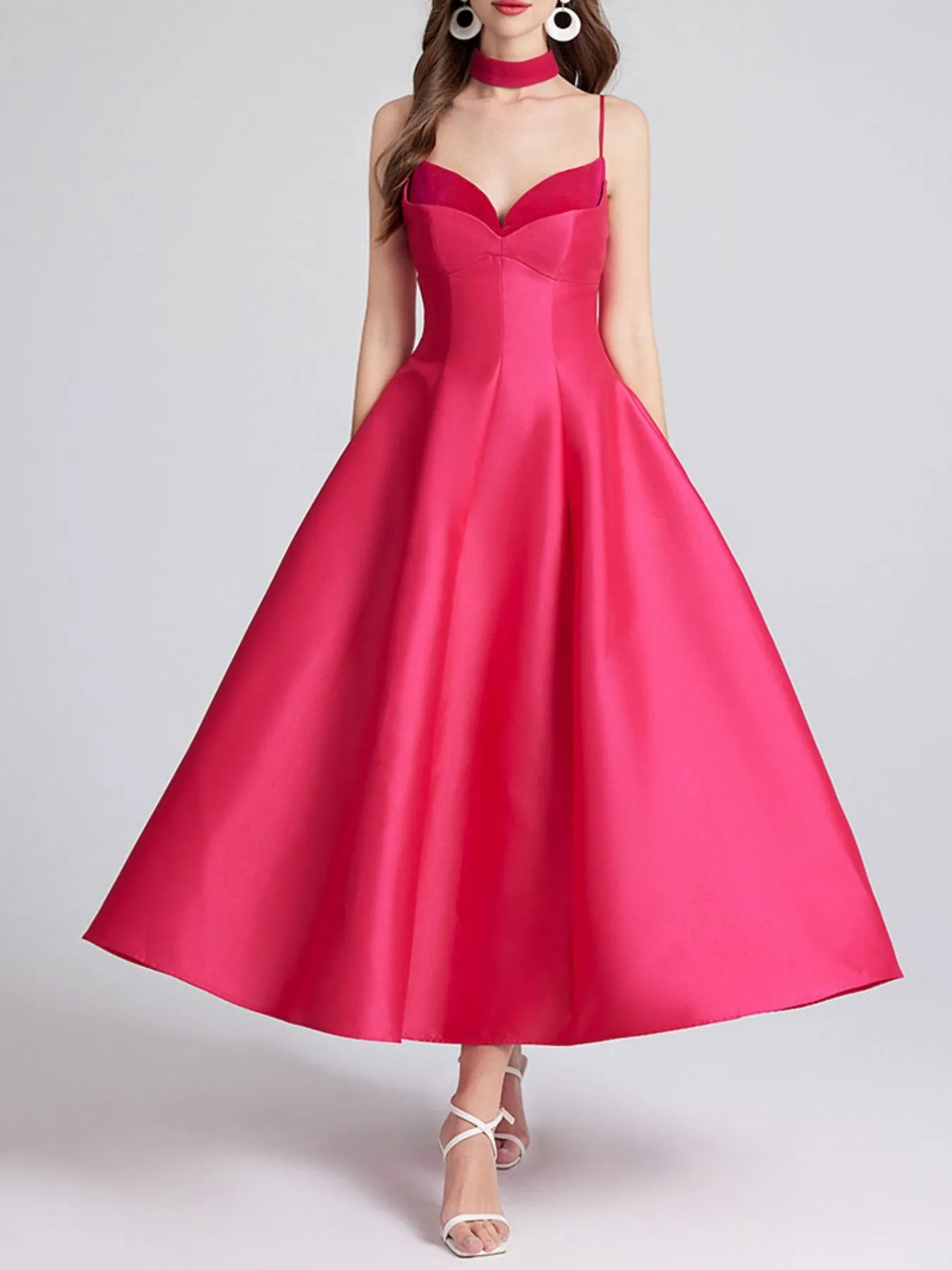 Sweetheart Spaghetti Strap Midi Dress with Collar neckline detail